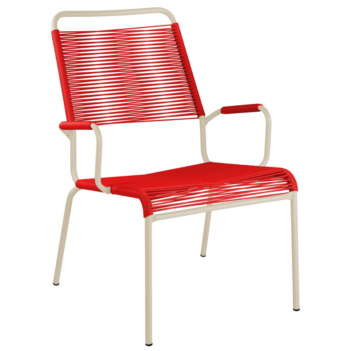 Rigi Sessel mit Armlehnen in Rot und Pastelsand – Vorderansicht Rigi Sessel mit Armlehnen in Rot und Pastelsand – Vorderansicht