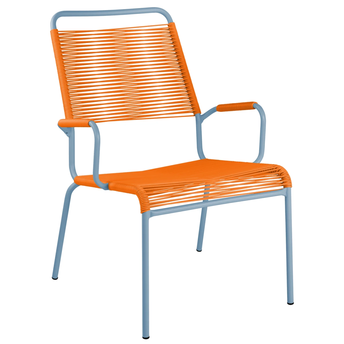 Rigi Sessel mit Armlehnen in Orange und Pastelblau– Vorderansicht Rigi Sessel mit Armlehnen in Orange und Pastelblau– Vorderansicht