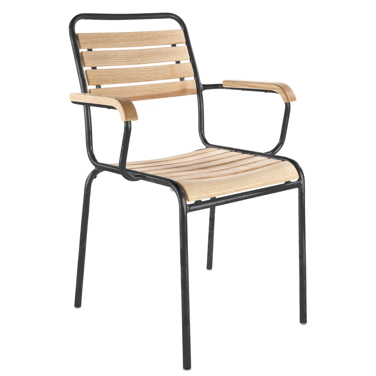 Schaffner Rigi Holz Stuhl mit Armlehnen beige zweifarbig Gestell schwarz – wetterfest, stapelbar & Swiss-Mad
