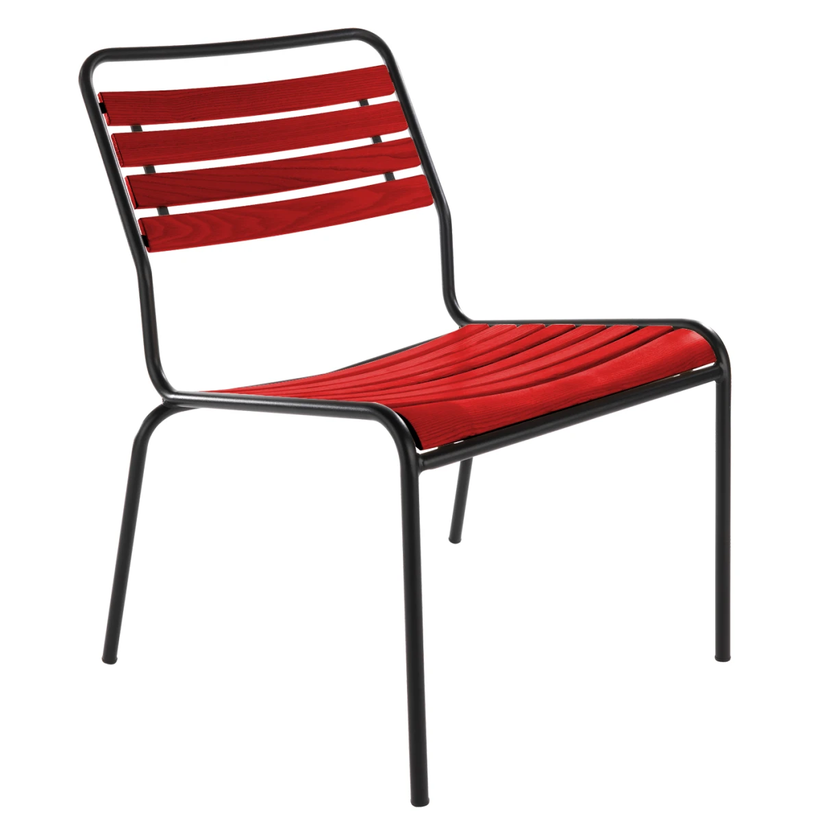 Rigi Holzlatten Lounger Sessel in Rot mit schwarzem Gestell Rigi Holzlatten Lounger Sessel in Rot mit schwarzem Gestell