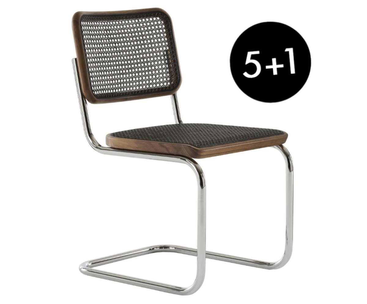 Thonet S32 V Freischwinger mit Dark Melange Geflecht, Nausbaum und verchromten Stahlrohr Gestell l 5+1 Aktion