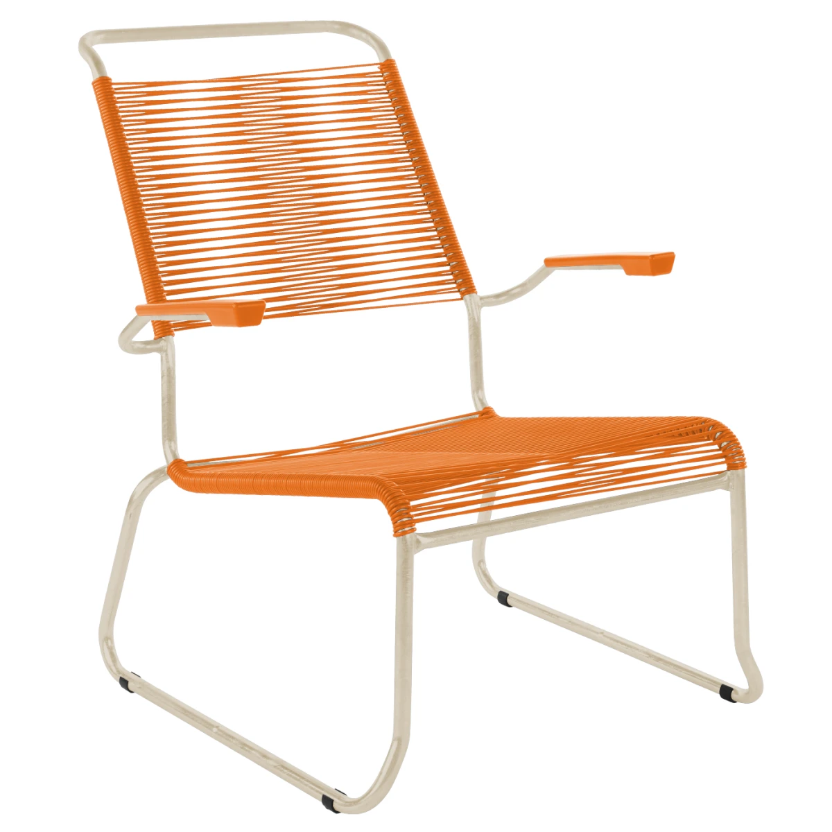 Säntis Spaghetti Lounger mit Kufen und Armlehnen in Braun mit orangem Gestell Säntis Spaghetti Lounger mit Kufen und Armlehnen in Braun mit orangem Gestell