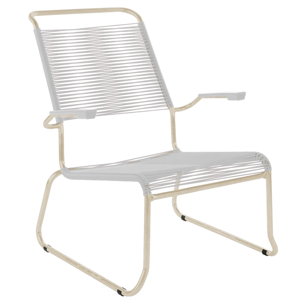 Säntis Spaghetti Lounger mit Kufen und Armlehnen in Pastellsand mit weißem Gestell Säntis Spaghetti Lounger mit Kufen und Armlehnen in Pastellsand mit weißem Gestell
