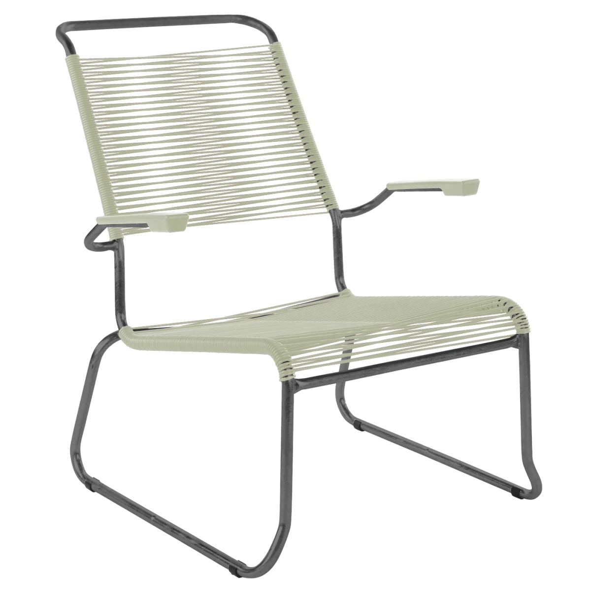 Säntis Spaghetti Lounger mit Kufen und Armlehnen in Pastellsand mit anthrazitfarbenem Gestell Säntis Spaghetti Lounger mit Kufen und Armlehnen in Pastellsand mit anthrazitfarbenem Gestell