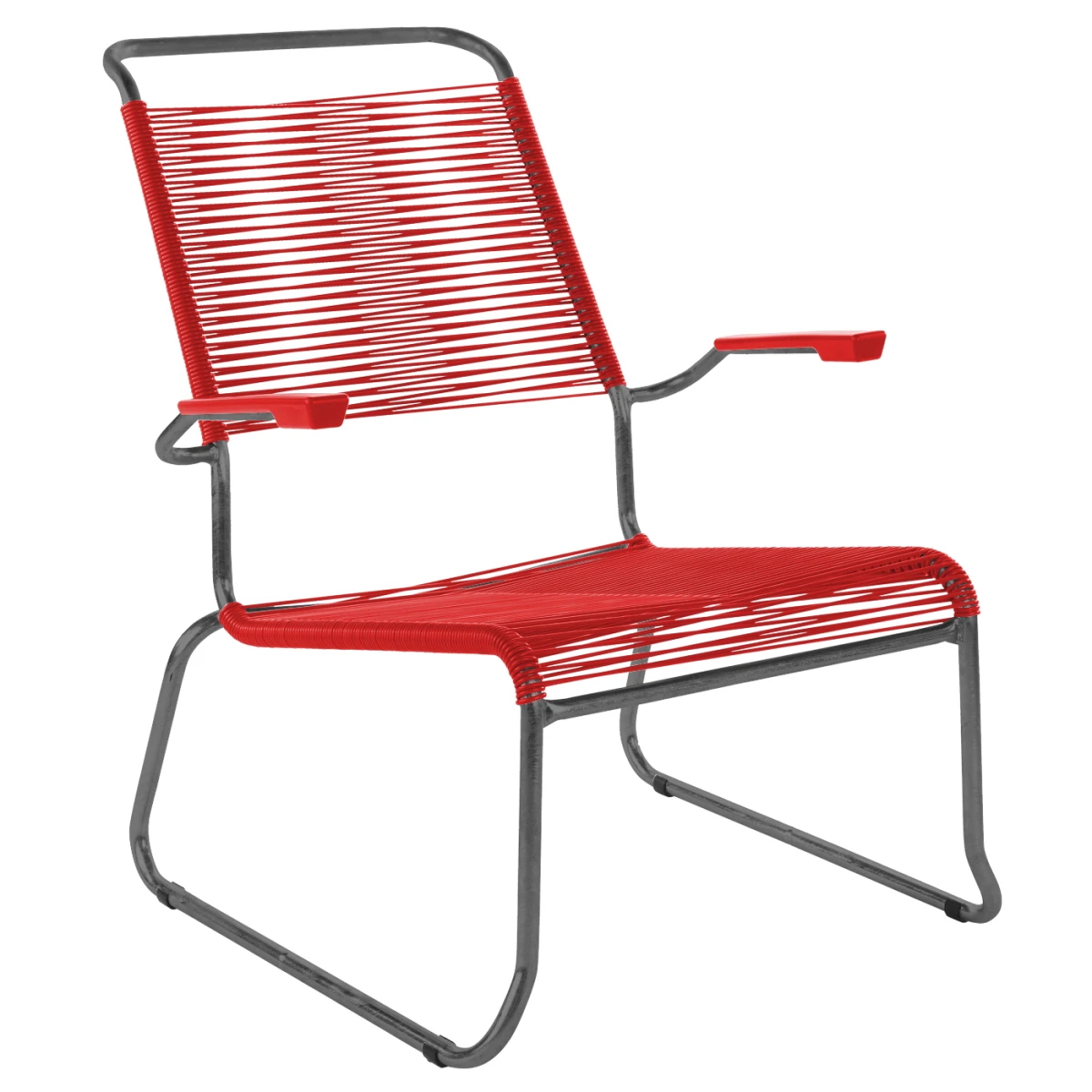 Säntis Spaghetti Lounger mit Kufen und Armlehnen in Rot mit anthrazitfarbenem Gestell Säntis Spaghetti Lounger mit Kufen und Armlehnen in Rot mit anthrazitfarbenem Gestell