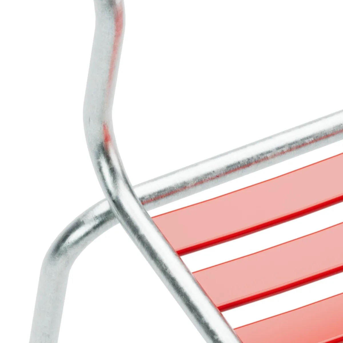 Schaffner Rigi Stuhl mit PVC Lättli und Armlehnen in rot und feuerverzinktem Gestell Detailaufnahme