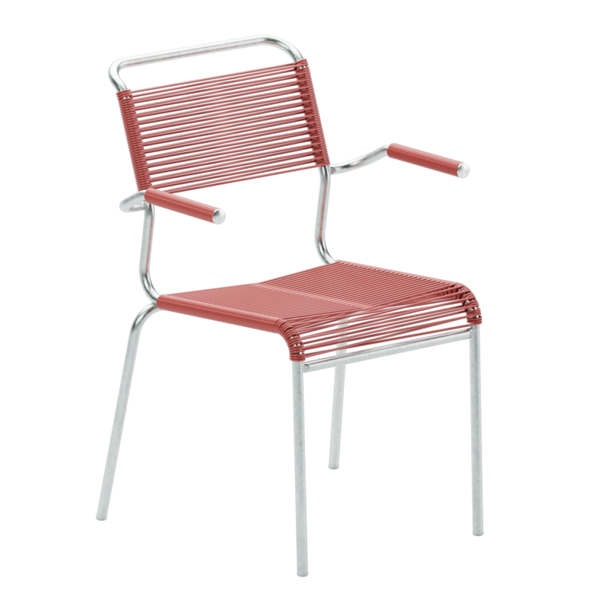 Schaffner Säntis Spaghetti Stuhl mit neuen Armlehnen in ahornrot mit verchromtem Gestell