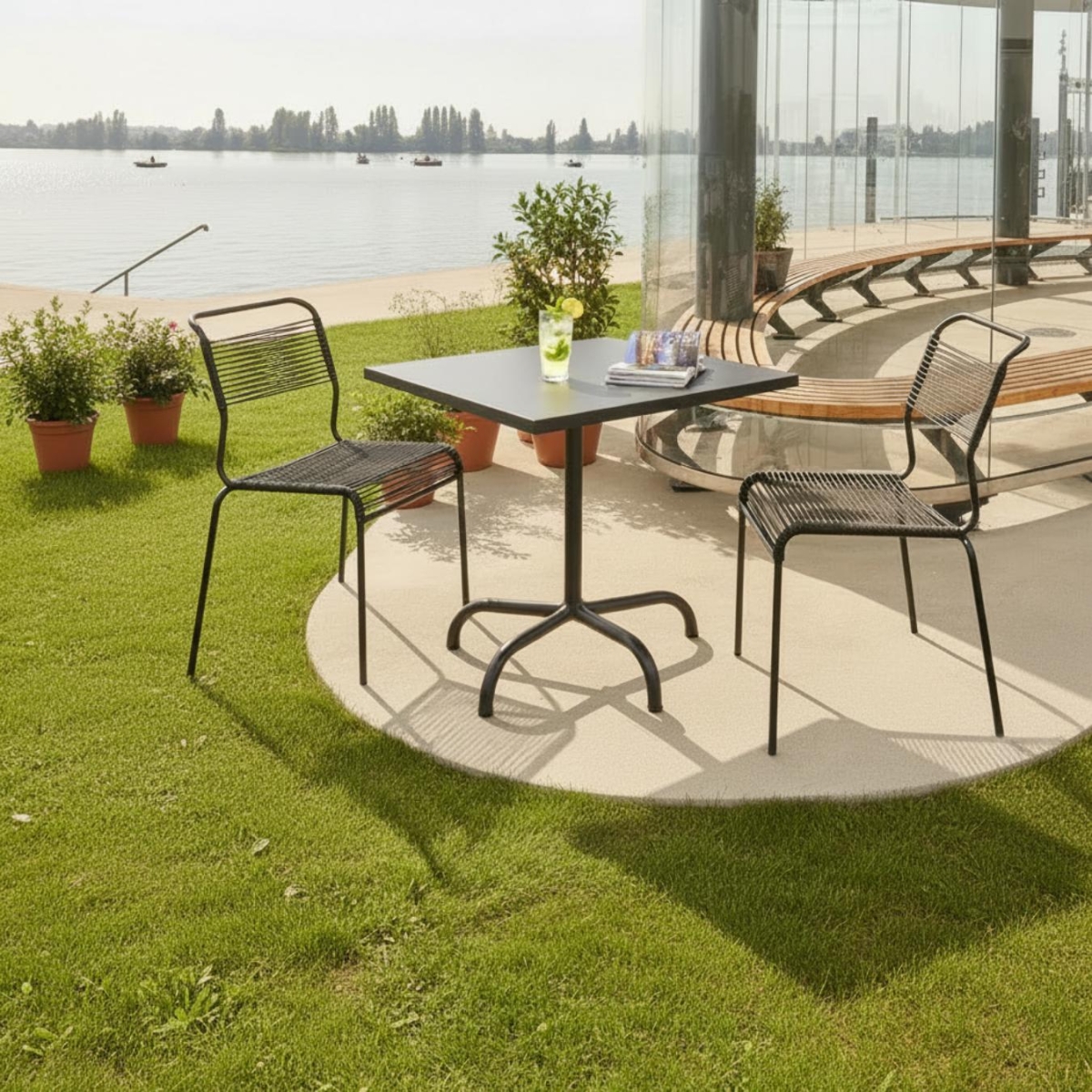 Schaffner Säntis Spaghetti Stuhl mit anthrazit farbener OceanYarn® Bespannung Ambientebild