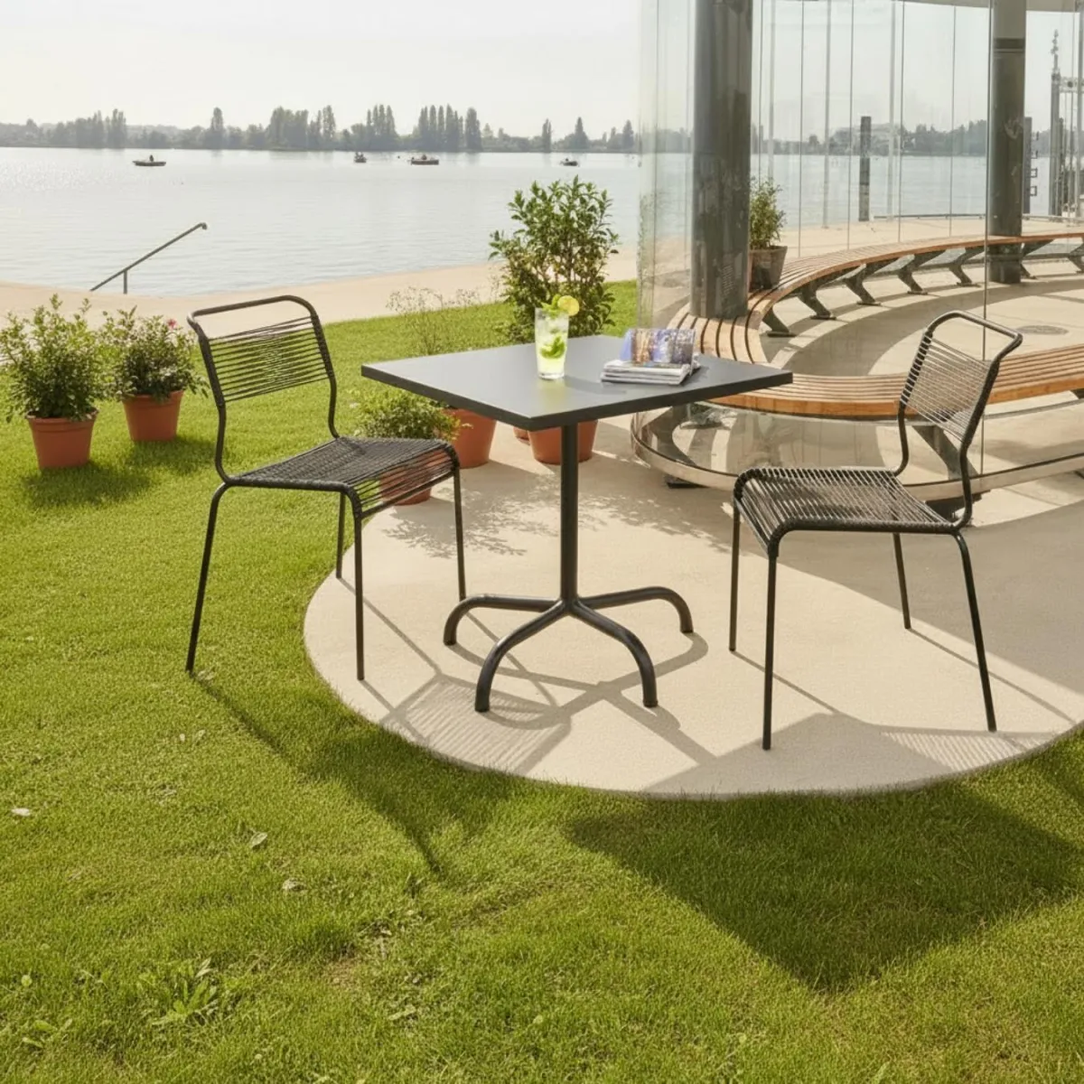 Schaffner Säntis Spaghetti Stuhl mit anthrazit farbener OceanYarn® Bespannung Ambientebild