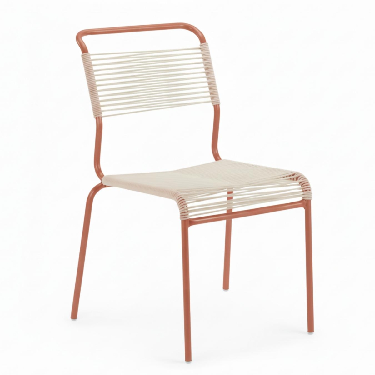 Schaffner Säntis Spaghetti Stuhl mit weisser OceanYarn® Bespannung und terracotta farbenem Gestell