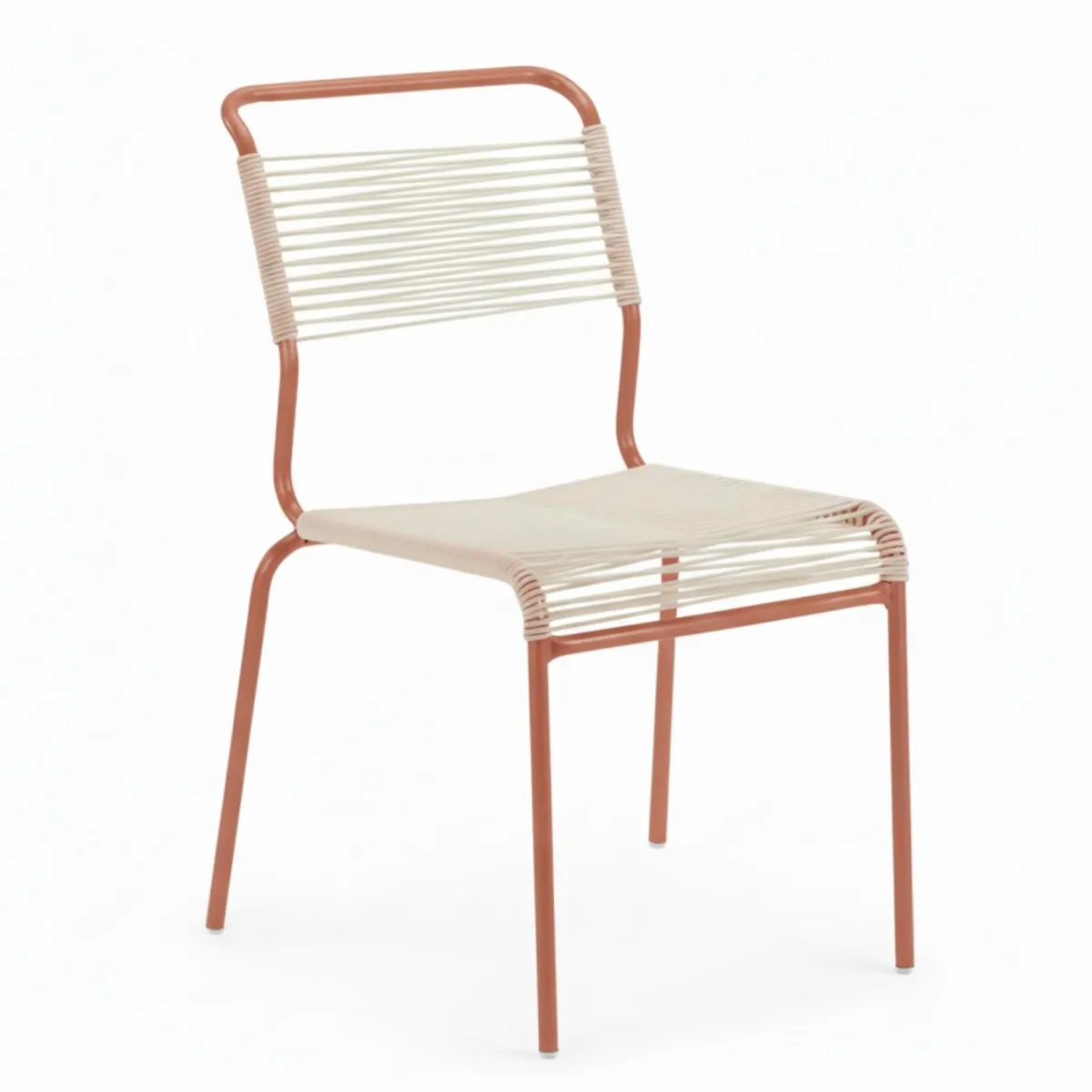 Schaffner Säntis Spaghetti Stuhl mit weisser OceanYarn® Bespannung und terracotta farbenem Gestell