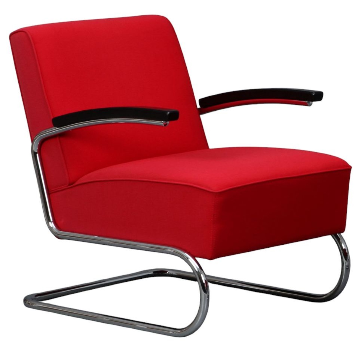 Thonet S411 Stoff Sessel in Step Rot mit schwarzen Armlehnen