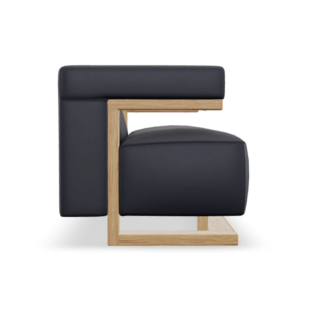 Tecta F51-2 Zweisitzer Sofa mit Lederbezug in dunkelblau und Eiiche Gestell Seitenansicht Tecta F51-2 Zweisitzer Sofa mit Lederbezug in dunkelblau und Eiiche Gestell Seitenansicht