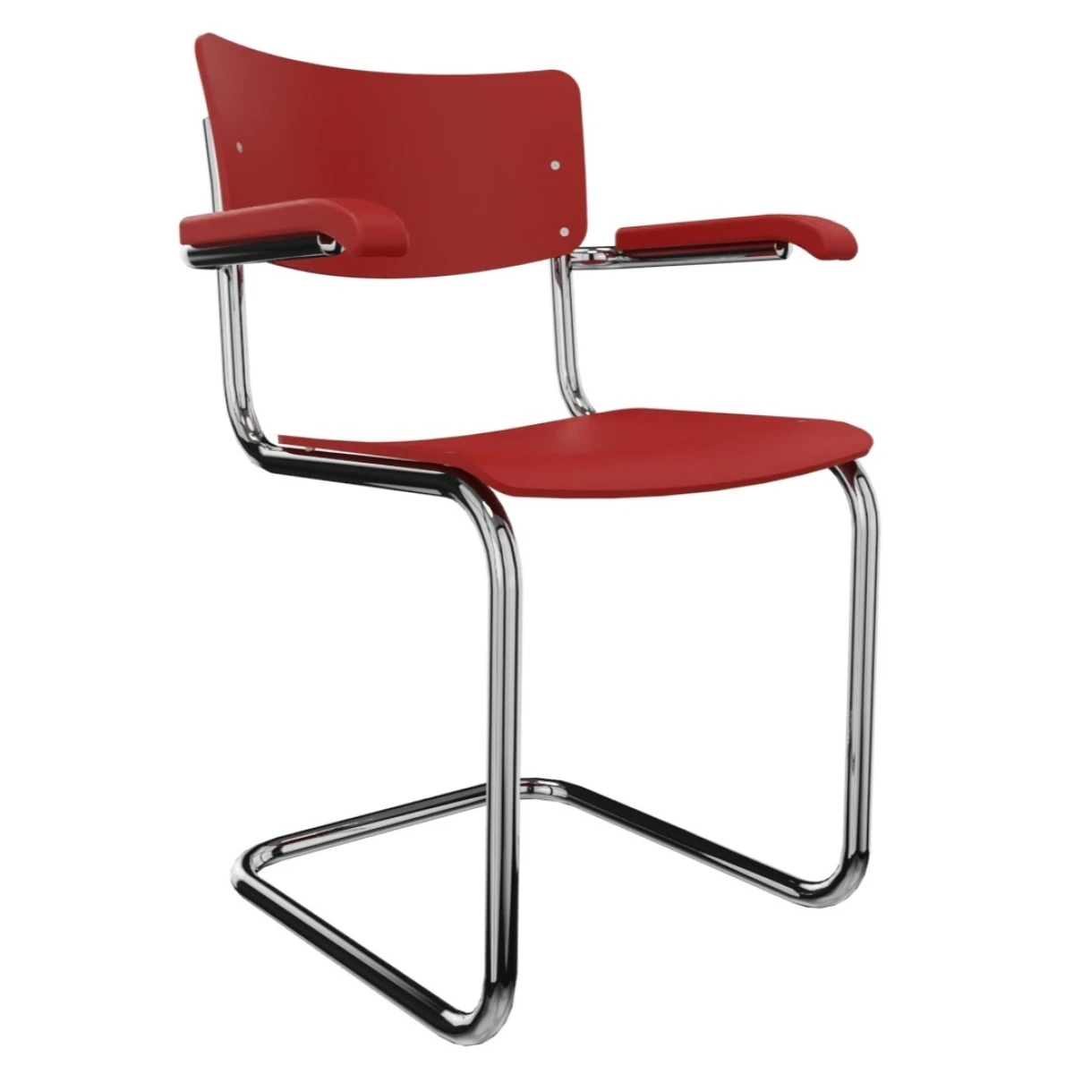 Thonet S43F Freischwinger mit Amlehnen Sitzfläche tomatenrot (RAL 3013) Gestell chrom