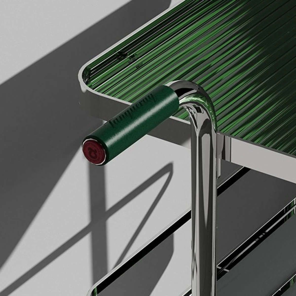 Thonet x xTanqueray Barwagen aus Chromgestell udn Riffelglas in Londongrün Detailansicht Thonet x xTanqueray Barwagen aus Chromgestell udn Riffelglas in Londongrün Detailansicht