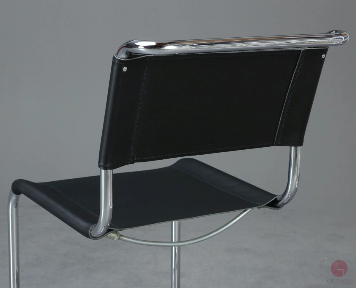 Thonet S33 Freischwinger mit erneuertem schwarzen Leder Rückenlehne Hinten Rechts Thonet S33 Freischwinger mit erneuertem schwarzen Leder Rückenlehne Hinten Rechts