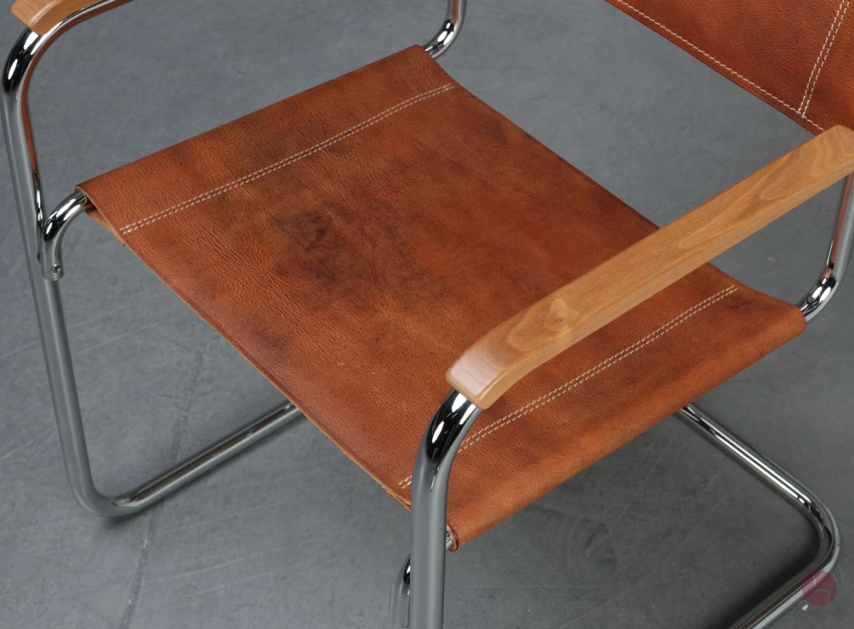 Thonet S34 Freischwinger mit braunem Büffelleder