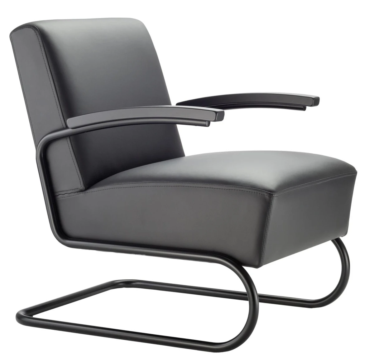 Thonet S411 Freischwinger Stuhl Leder mit Armlehnen Vorderansicht Thonet S411 Freischwinger Stuhl Leder mit Armlehnen Vorderansicht