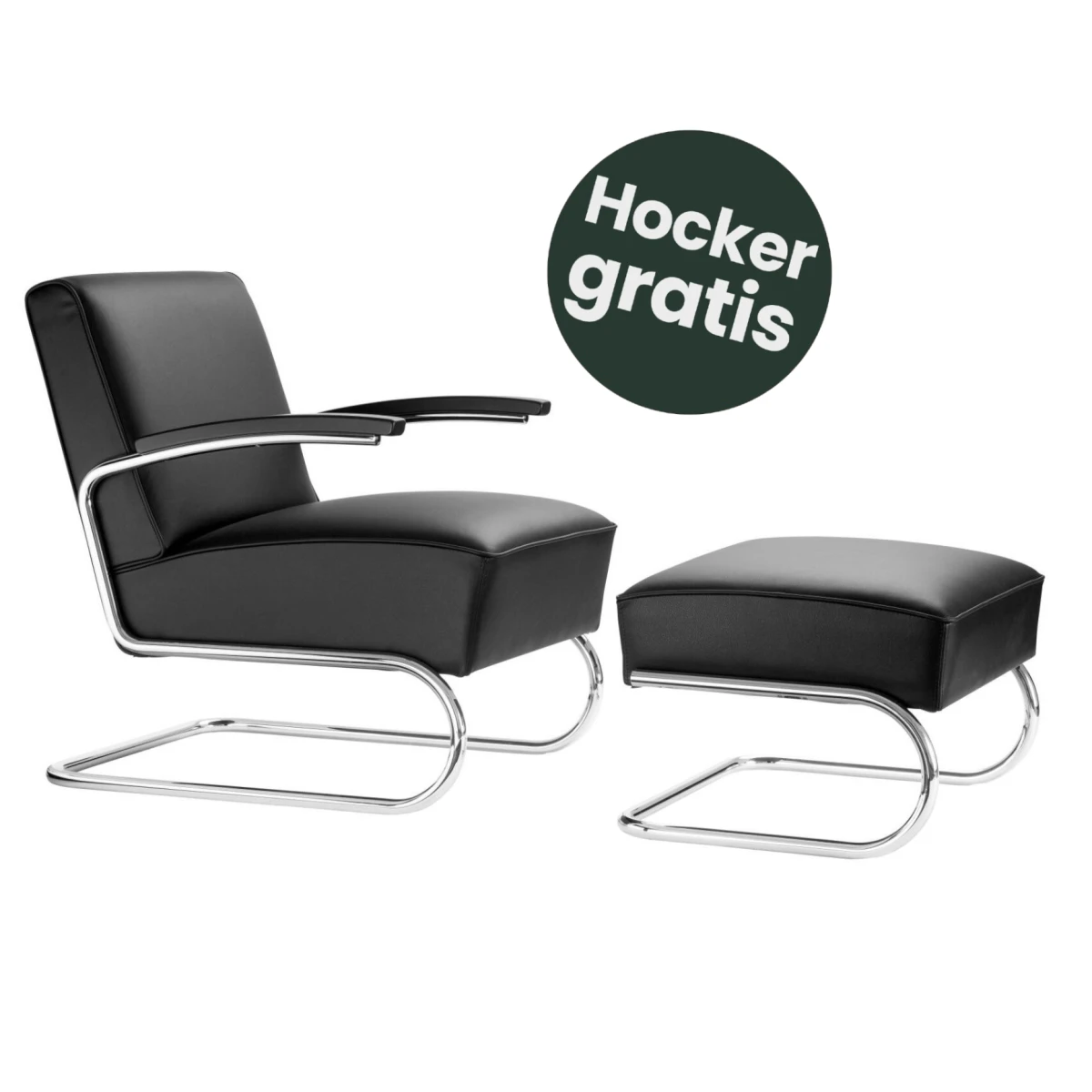 Thonet S411 Freischwinger Stuhl Leder mit Armlehnen im Bundle Vorderansicht Hocker Aktion