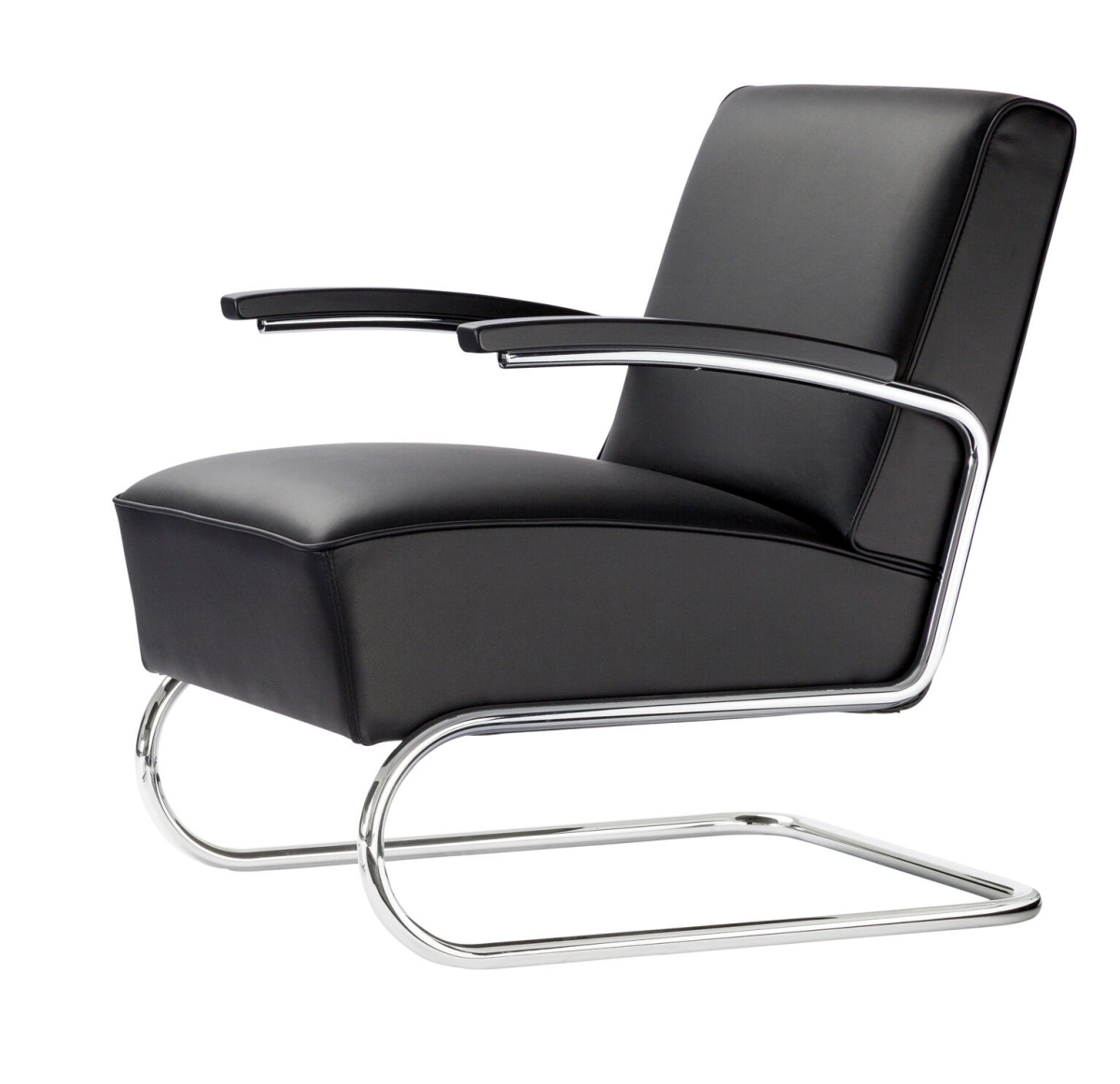 Thonet S411 Leder Nero Schwarz, Gestell verchromt
