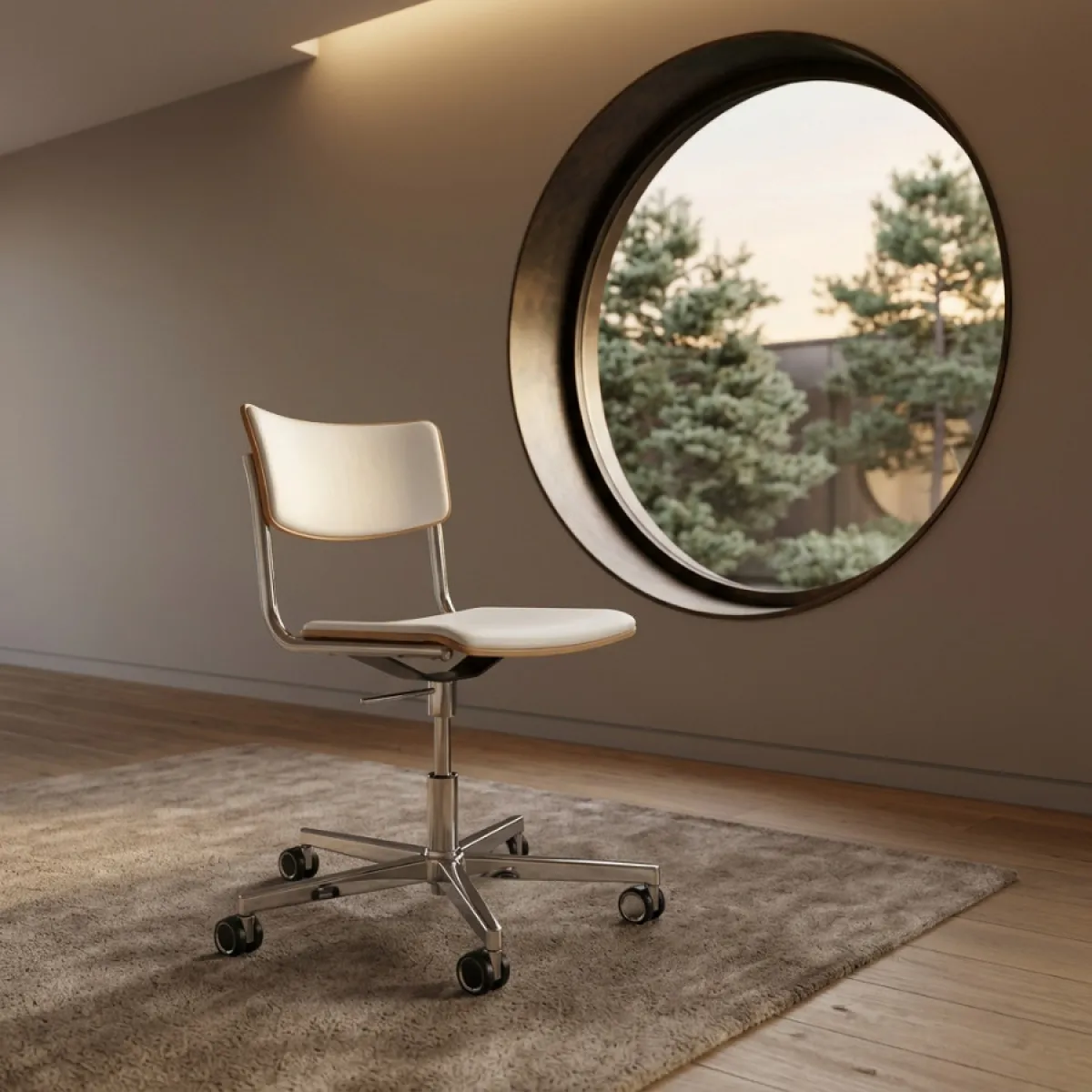 Thonet S 43 PVDR Bürostuhl mit Rollen und Lederbezug mit Leder der Farbe Latte Interieur
