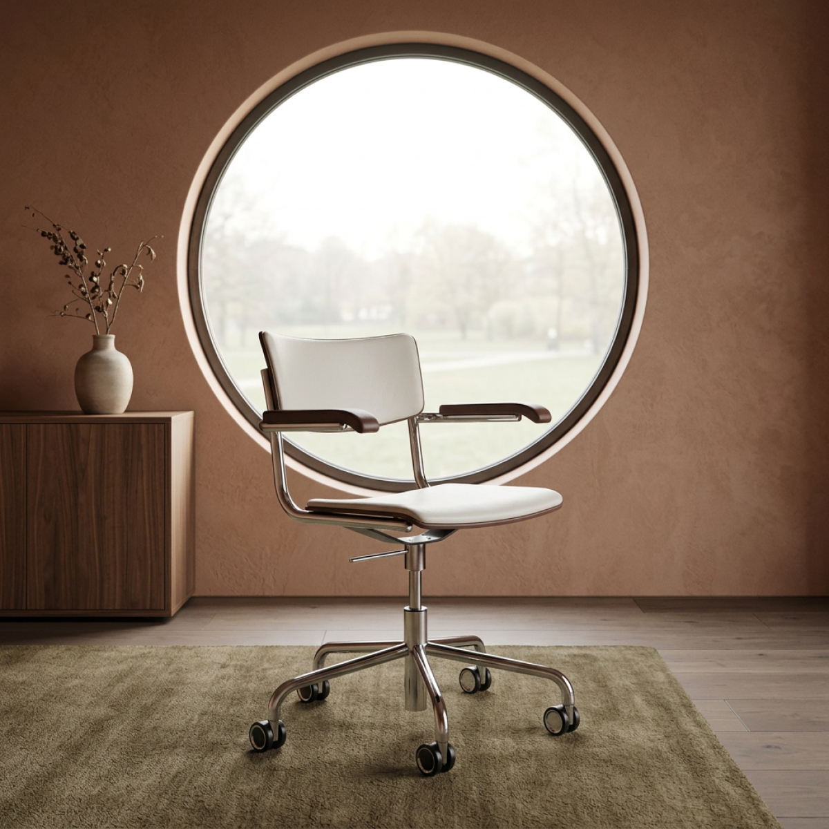 Thonet S 43 PVFDR Bürostuhl mit Lederbezug Latte/Mahagoni Interieur