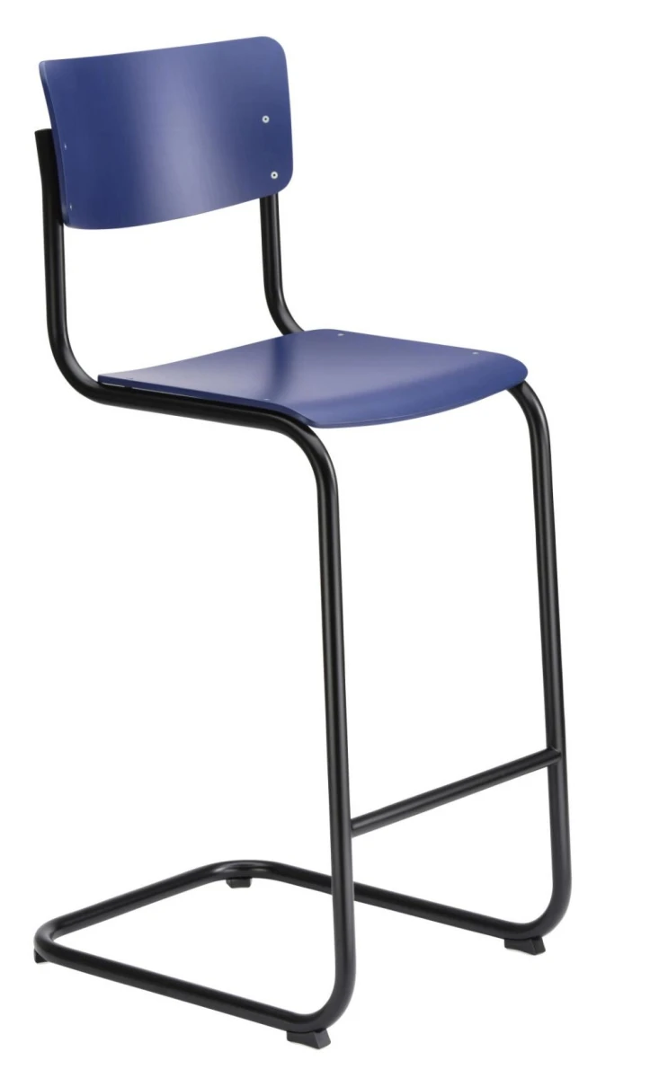 Thonet Freischwinger Barhocker Blau mit schwarzem Gestell Vorderansicht