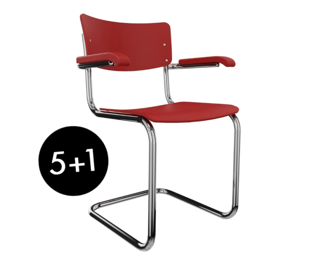 Thonet S43 F Freischwinger mit Armlehnen Rücken- und Sitzfläche tomatenrot lackiert Gestell chrom