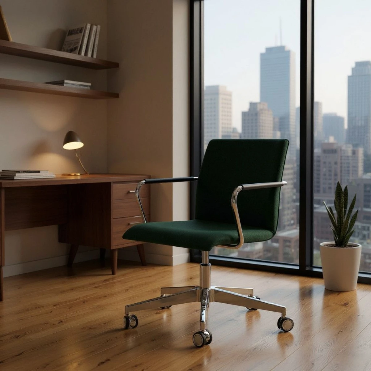 Thonet S55 Brütostuhl Drehsessel Stoff Tannengrün Gestell verchromt Interieurbild