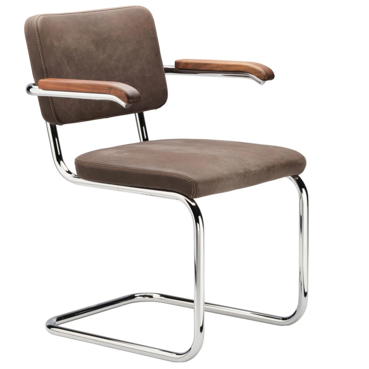 Thonet S64 PV Nubukleder Mittelbraun, Armlehnen Nussbaum