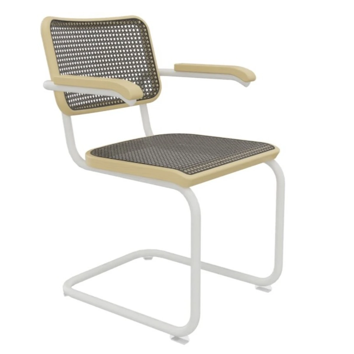Thonet S64V Bauhaus Freischwinger mit Dark Melange Geflecht aus Esche und reinweiss beschichtetem Stahlrohr