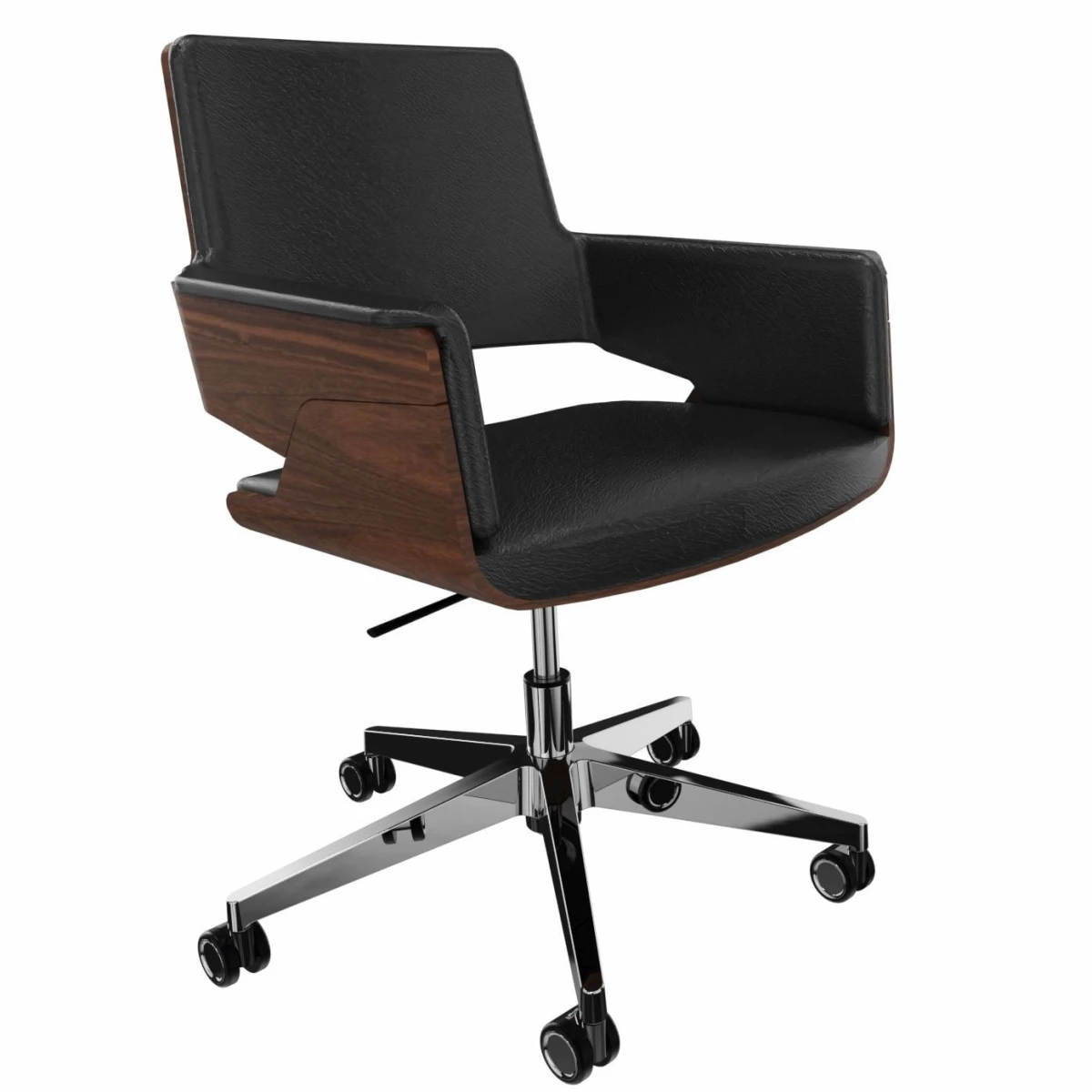 Thonet S845 PVDRW Bürostuhl aus Nussbaum mit schwarzem Lederbezug