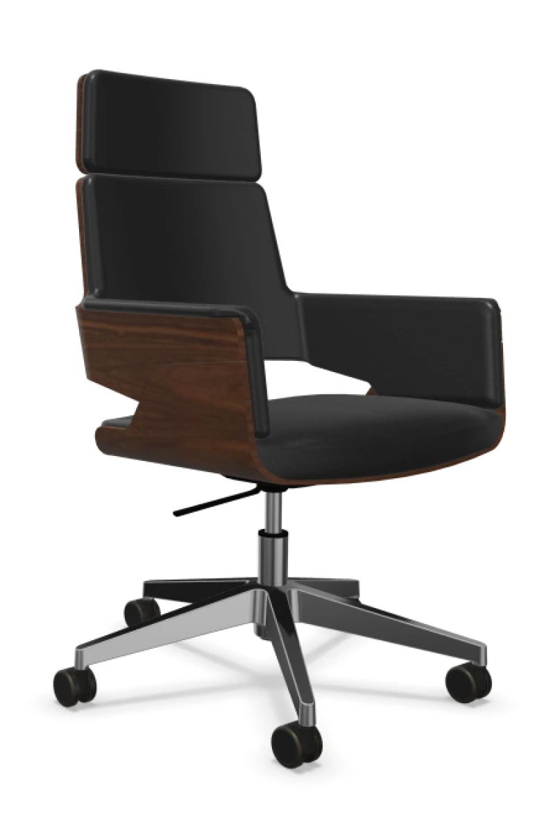 Thonet S845 PVDRWE Bürostuhl aus Nussbaum mit schwarzem Lederbezug Thonet S845 PVDRWE Bürostuhl aus Nussbaum mit schwarzem Lederbezug
