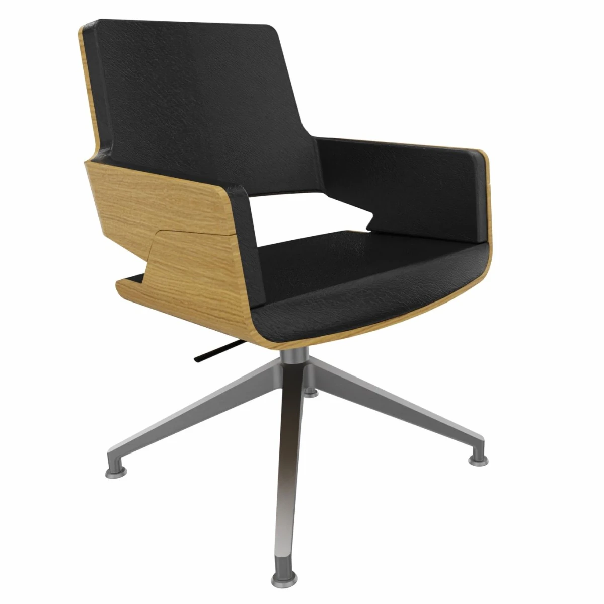 Thonet S847 D Drehstuhl aus Eiche mit schwarzem Lederbezug und Edelstahloptik-Gestell