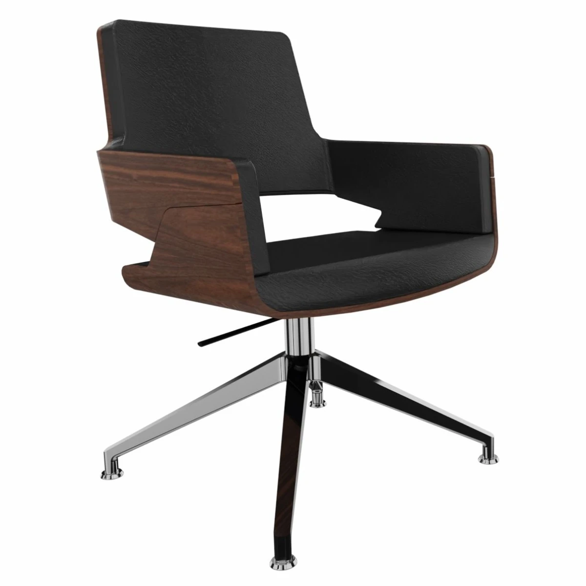 Drehstuhl Thonet S847 DW aus Nussbaum mit schwarzem Lederbezug und verchromtem Gestell.