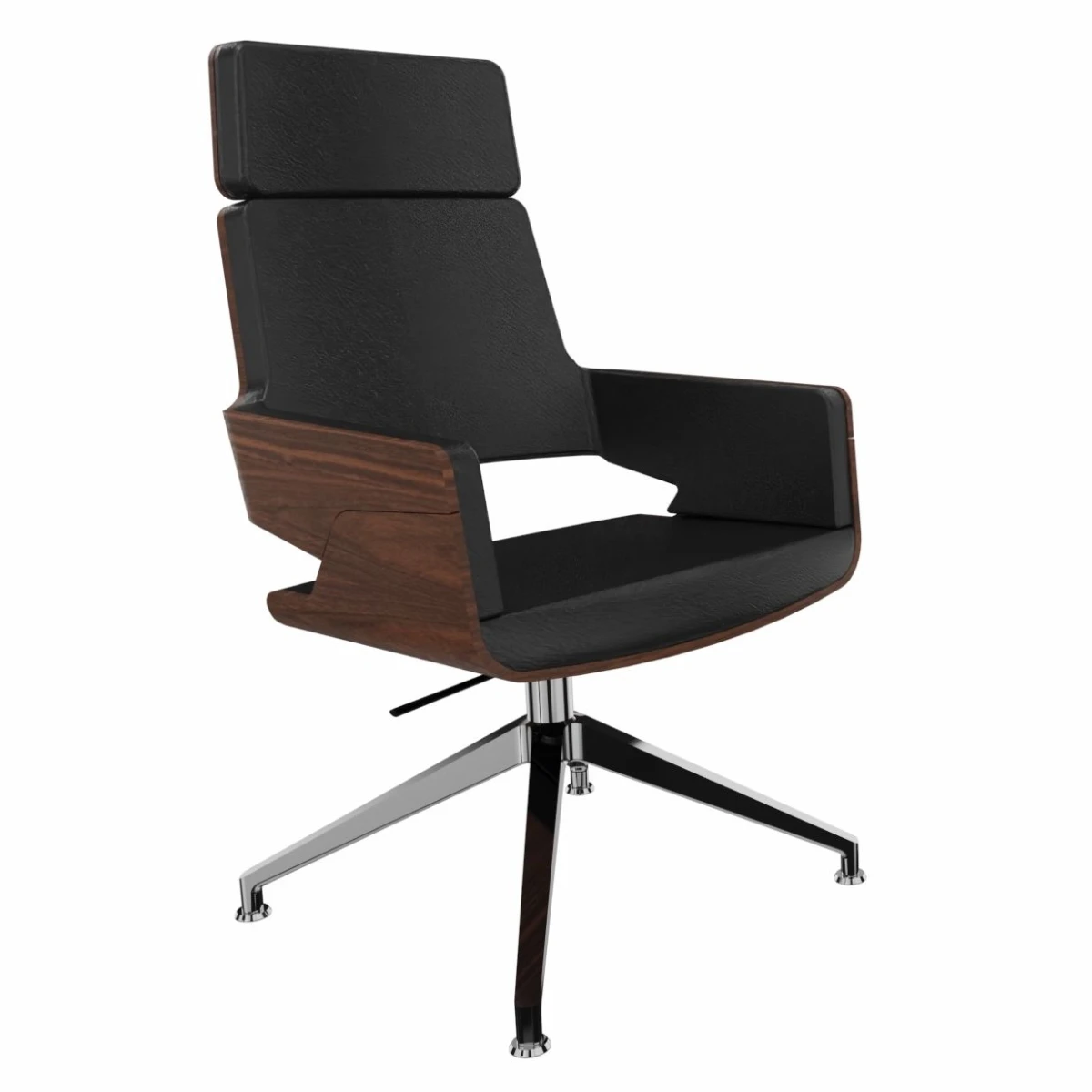 Drehstuhl Thonet S847 DE aus Nussbaum mit schwarzem Lederbezug und verchromtem Gestell Drehstuhl Thonet S847 DE aus Nussbaum mit schwarzem Lederbezug und verchromtem Gestell