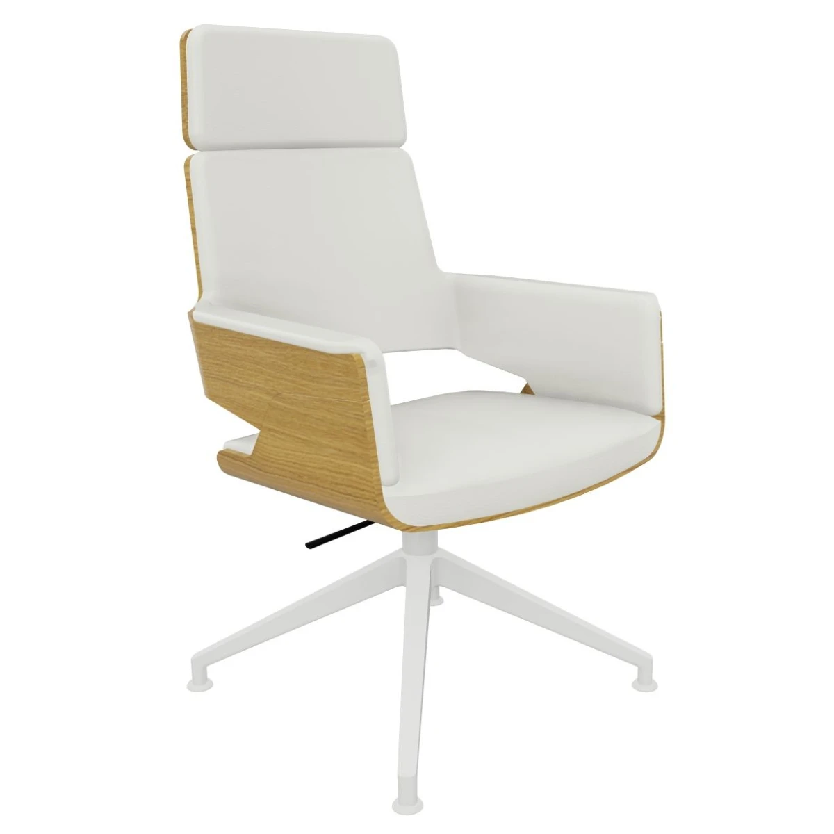Thonet S847 PVDWE Drehstuhl aus Eiche mit Latte-Lederbezug und weißem Gestell.