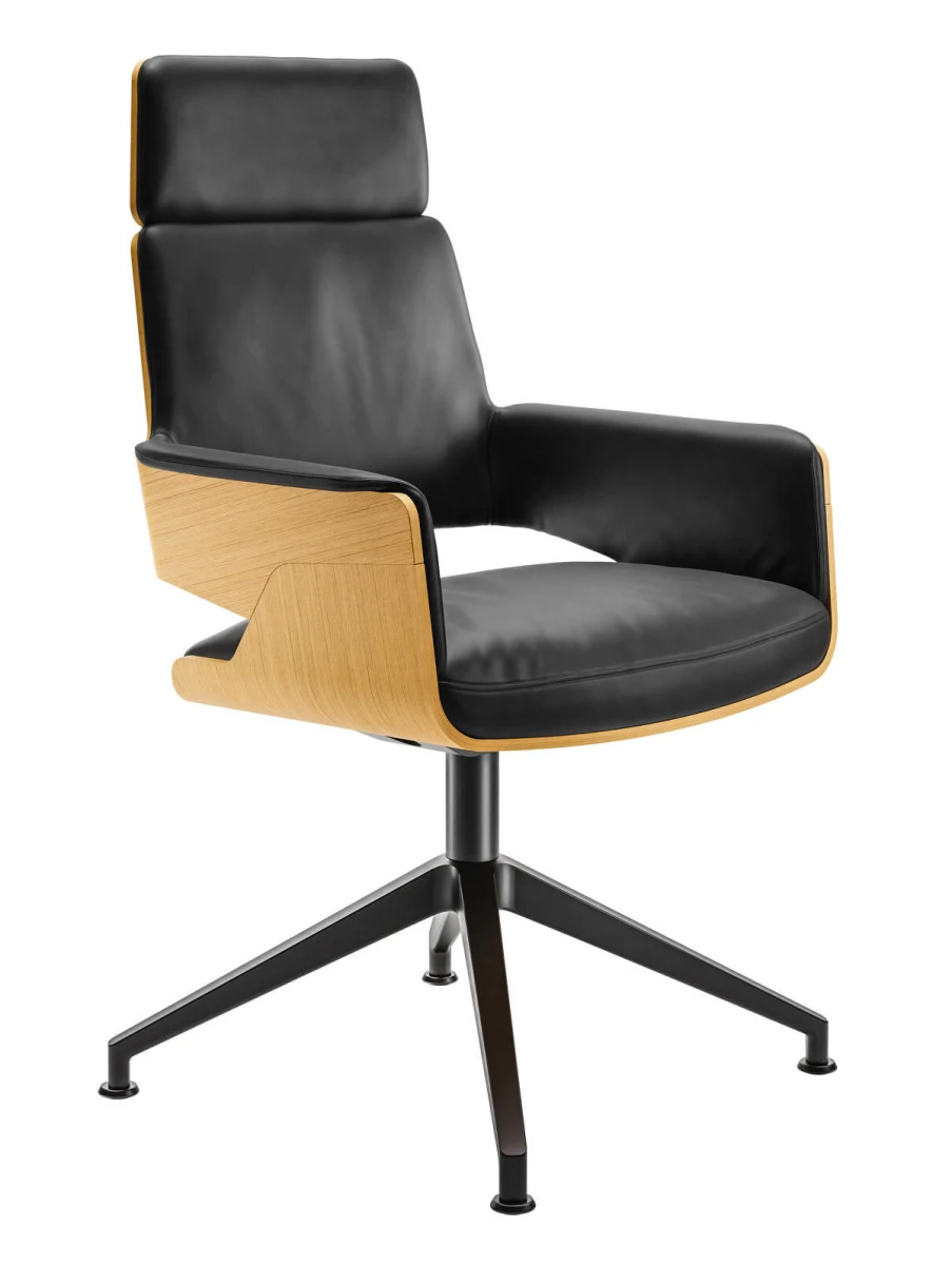 Thonet S847 PVDWE Drehstuhl aus Eiche mit schwarzem Lederbezug und schwarzem Gestell