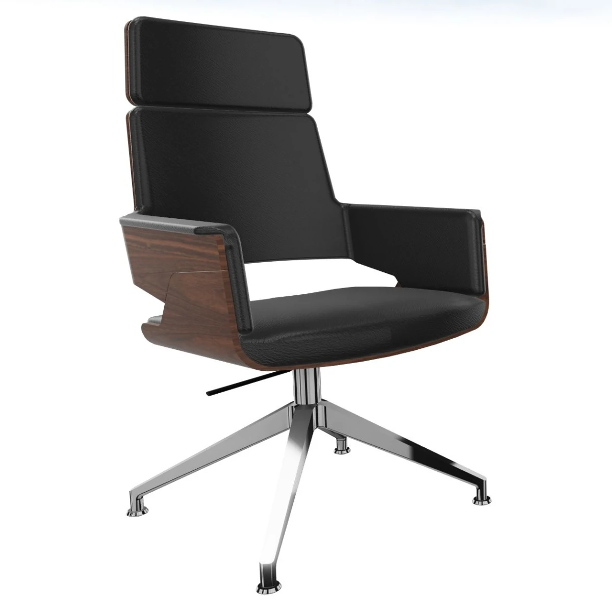 Thonet S847 PVDWE Drehstuhl aus Nussbaum mit schwarzem Lederbezug und schwarzem Gestell