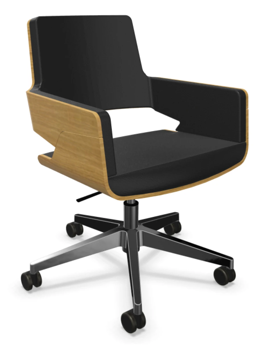 Thonet S845 DRW Bürostuhl aus aufgehellter Eiche mit schwarzem Lederbezug