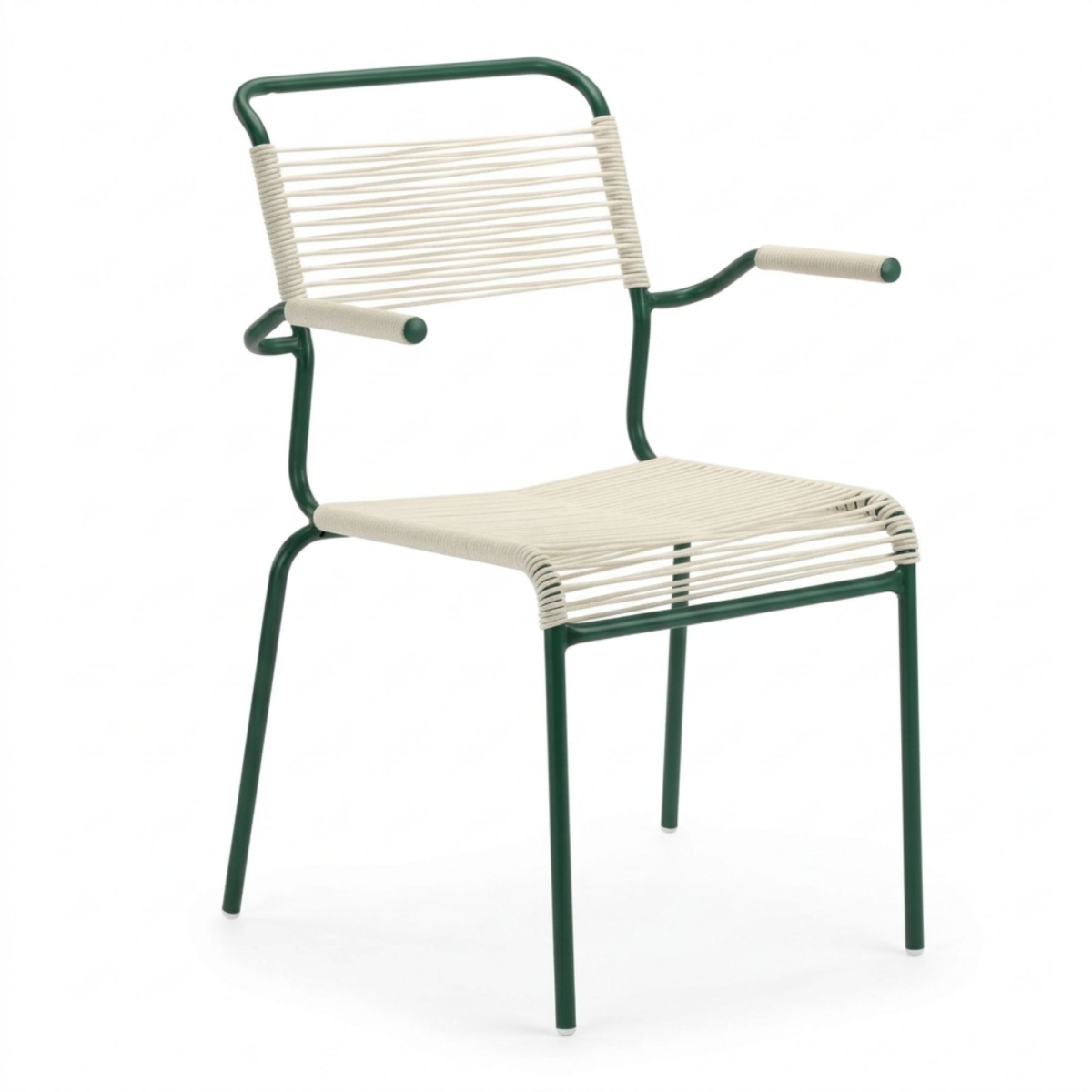 Schaffner Säntis Spaghetti Stuhl mit weissem OceanYarn und tannengrünem Gestell aus Stahlrohr