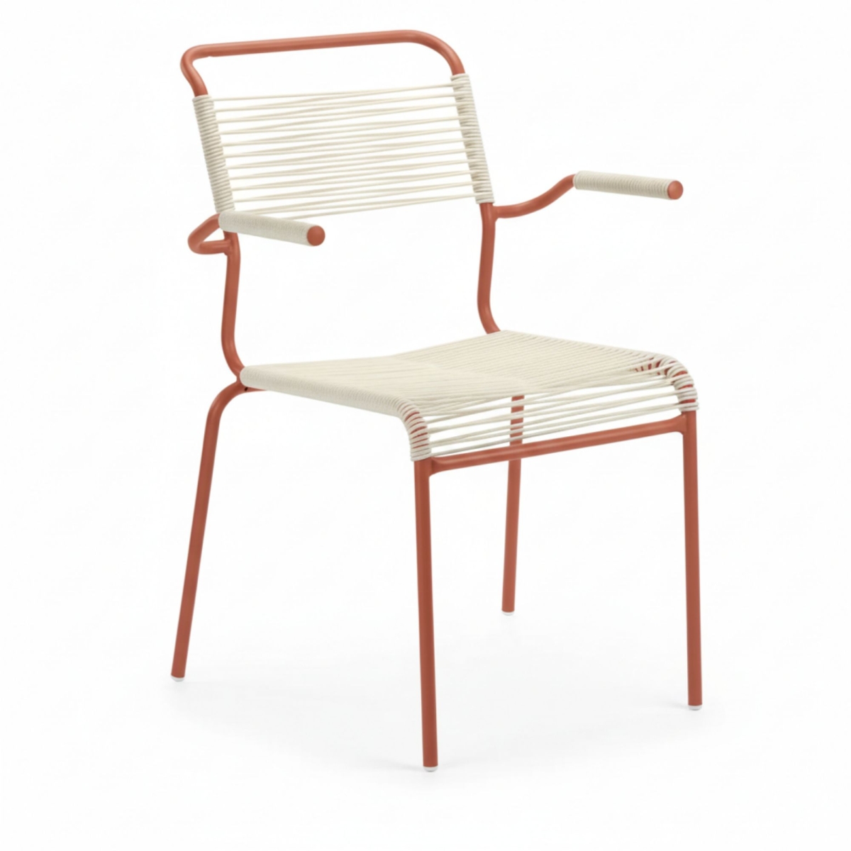 Schaffner Säntis Spaghetti Stuhl mit anthrazit farbenem OceanYarn und terracotta farbenen Gestell aus Stahlrohr